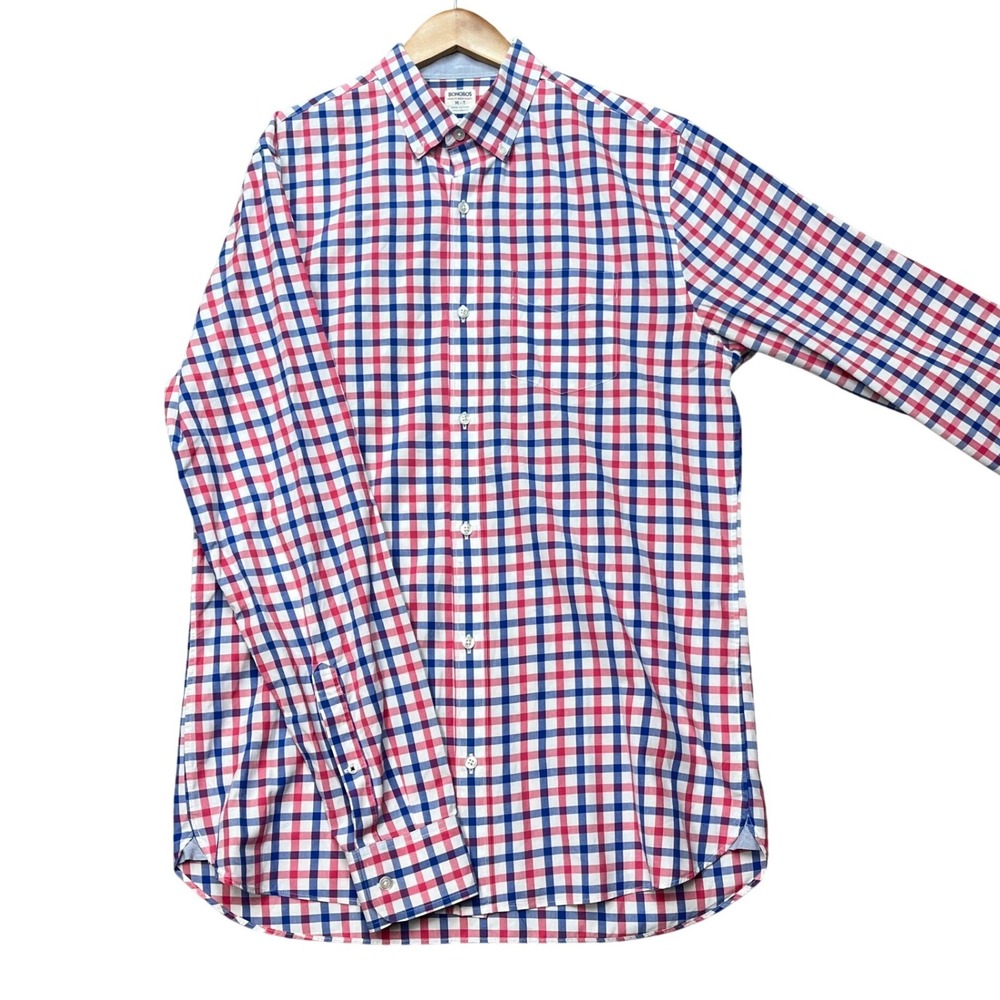 Bonobos Button Down Shirt Mens Medium Tall Red Blue Gingham Check Standard Fit